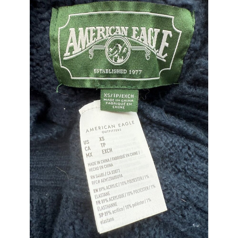 Vtg Y2K American Eagle Blue V-Neck Hooded Cable Knit Sweater | Coastal Grunge XS - Picture 11 of 13